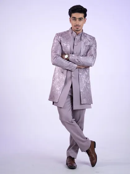 Desi vibes, but make it lilac. This Indo-western set is a cool, modern choice for any wedding event.