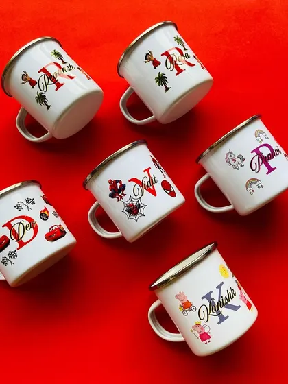 We create these fun and colorful enamel mugs for the little explorers. Each one is personalised with their name, initial, and favorite cartoon characters like Peppa Pig, Spider-Man, or Lightning McQueen.