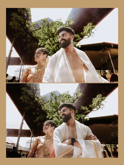A low-angle collage of a couple, creating a heroic and cinematic feel to their wedding portraits.
