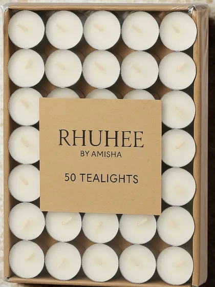 A set of 50 scented tea lights, neatly packed in a kraft box. These are perfect to have on hand for any small or big occasion at home.