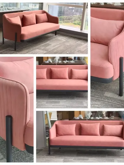 A collage showcasing a beautiful pink velvet sofa with a sleek black metal frame. This piece features vertical pleating on the back and arms, adding a touch of art deco elegance.