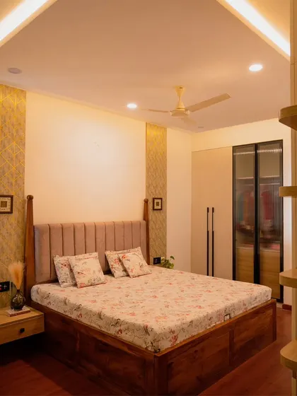 A full view of the serene master bedroom, where all lighting is automated for comfort and convenience.