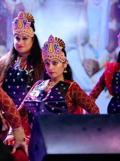 The intricate costumes and expressive faces of our performers in the 'Draupadi' dance drama. Each detail is carefully planned to enhance the storytelling.