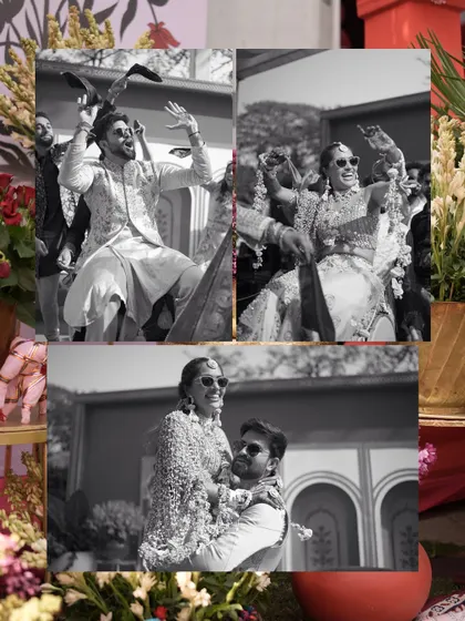 A black and white collage capturing the high-energy dance moments and the couple's joyful interactions during their Haldi celebration.