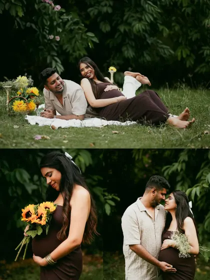 A collage of moments from a garden session, including relaxed poses on the grass and sweet couple interactions.