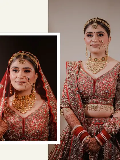 A classic bridal portrait diptych. It combines a close-up headshot with a three-quarter length photo, giving a full appreciation of her look.