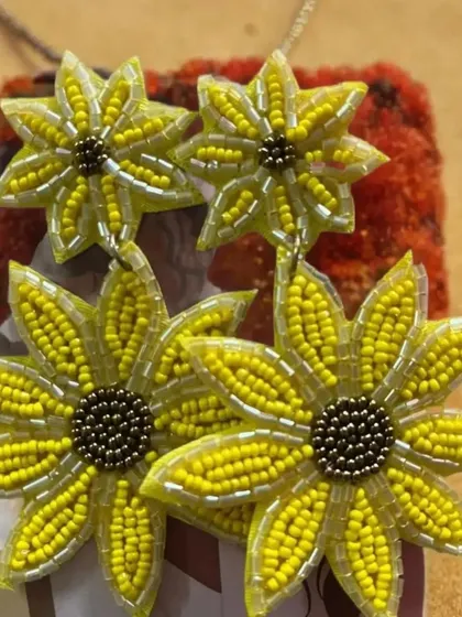 A close-up of my yellow beaded flower earrings. The intricate beadwork and two-tiered design create a beautiful drop effect, making them a standout piece for any festive or casual occasion.