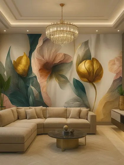 This modern floral wallpaper features stylized golden tulips against a soft, abstract background. The design is both artistic and luxurious.