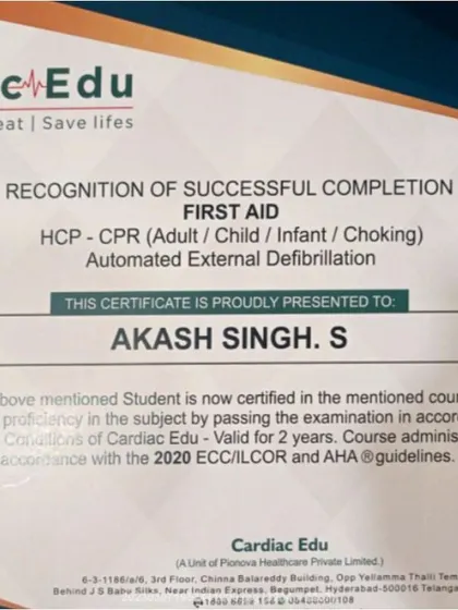 The First Aid and CPR certification for our trainer, Akash Singh. Every member of our team is qualified to handle emergencies.
