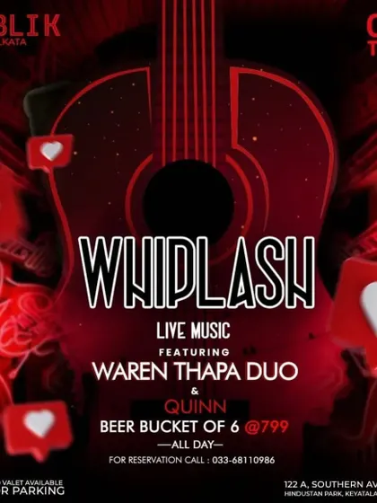 Poster for "Whiplash" live music night, where I provided the DJ set alongside a live duo.