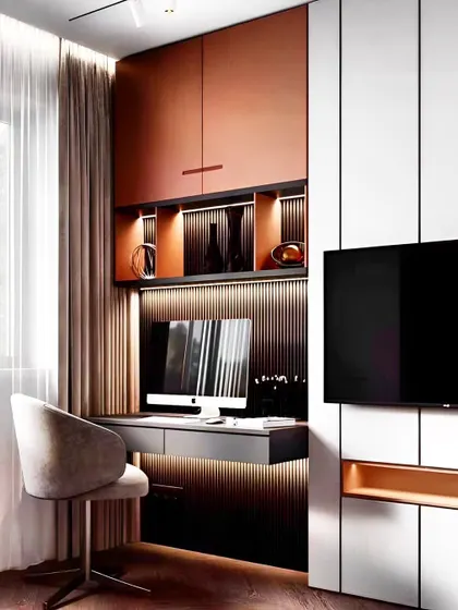 This compact workspace is seamlessly integrated into a bedroom. We used a striking combination of copper-toned overhead cabinets and a dark, fluted back panel with integrated lighting to create a stylish and functional desk area.
