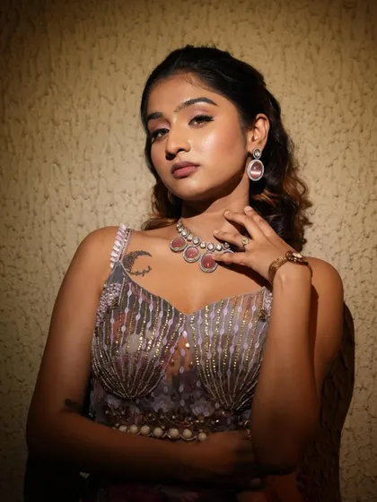 Sangeet look inspiration. I used soft pinks on the eyes and lips to create a romantic and dreamy look that complements her pastel floral outfit.