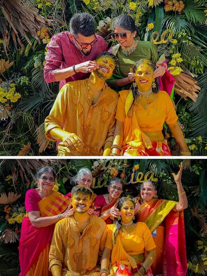 A collage of a fun-filled Haldi ceremony with family at a beautiful Goa resort.