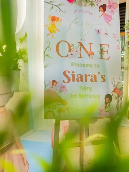 Another view of the welcome sign for the fairy-themed first birthday, showcasing the delicate and whimsical design.