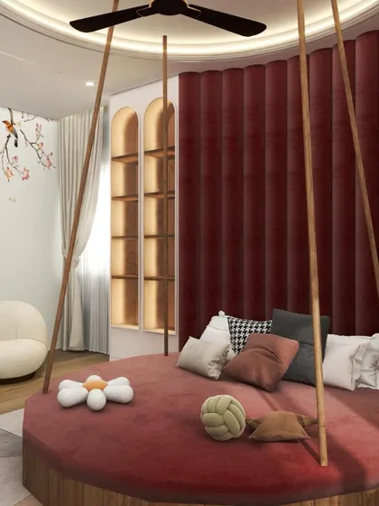 A 3D render of a whimsical child's bedroom featuring a unique circular hanging bed with a plush red velvet accent wall. The design is playful and imaginative.