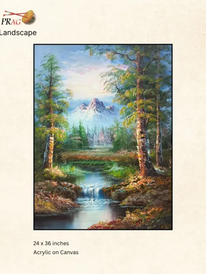 A classic landscape painting of a mountain stream, its lush greenery and cascading water creating a scene of natural tranquility.