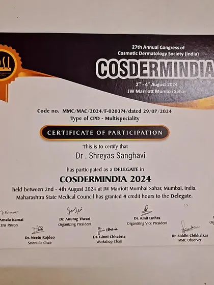 This certificate acknowledges my participation as a delegate in COSDERMINIDA 2024. These events grant credit hours that are essential for maintaining my medical license and ensuring I am up to date.