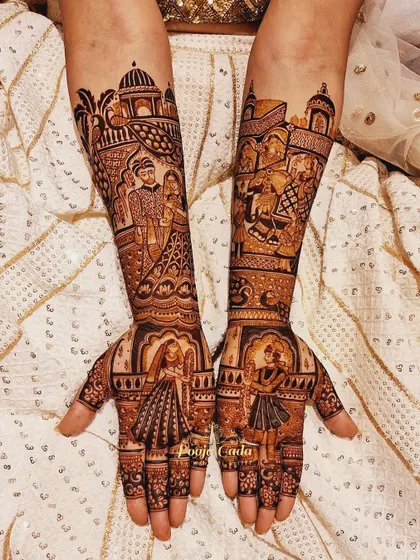 A customized design featuring multiple couple portraits, including a dancing scene and a more formal wedding portrait, along with city skylines.