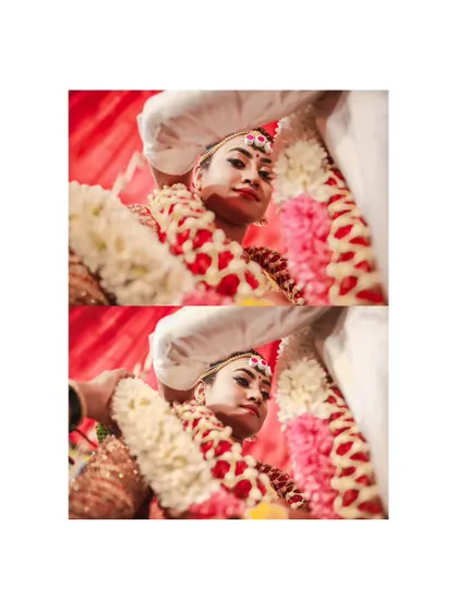 A detailed shot of the bride during a wedding ritual, her expression a mix of solemnity and happiness.