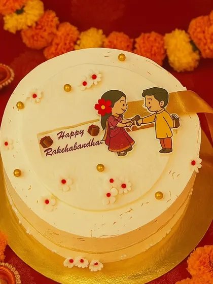 The sweetest way to say "Happy Rakshabandhan!" This simple and elegant cake with a beautiful illustration is perfect for celebrating the special bond between siblings.