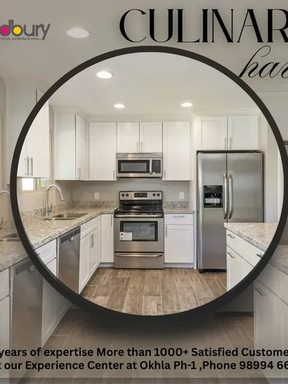 This culinary haven concept shows a classic American-style kitchen with white shaker cabinets, a granite countertop, and stainless steel appliances.