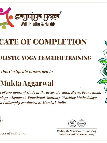 Certificate of completion for a graduate of our 200-hour Holistic YTTC in Mumbai.