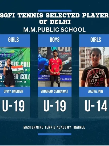 Proud to announce our trainees selected for the SGFI Tennis Delhi team: Divya Ungrish (U-19), Shubham Sehrawat (U-19), and Aadya Jain (U-14). This shows our success across multiple age groups.