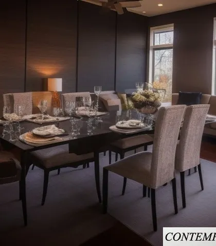 An example of contemporary dining room style. The dark wood wall paneling, clean lines of the furniture, and ample natural light from the large windows create a sophisticated space for entertaining.
