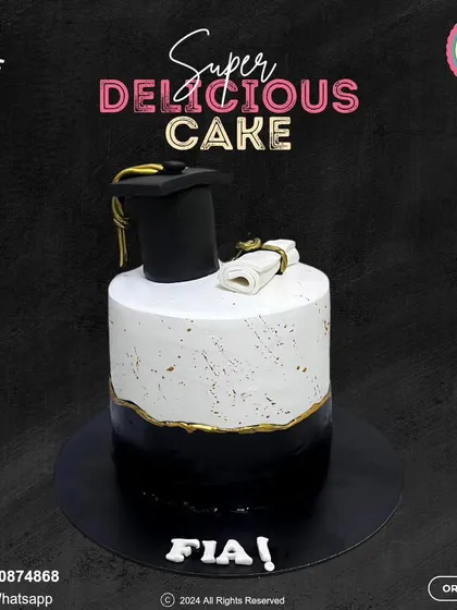 Celebrate academic success with this stylish graduation cake. The black and white design is topped with a fondant graduation cap and diploma, personalized with the graduate's name.