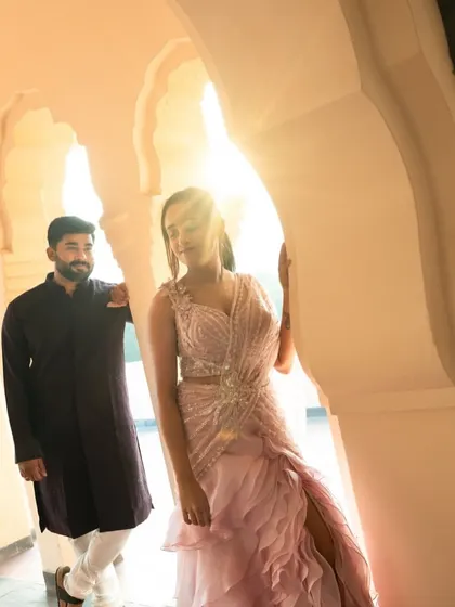 More images from engagement ceremonies and pre wedding shoots. This collection showcases a wide range of styles and color palettes, from playful and romantic to bold and regal, all custom designed for the couple's celebration.
