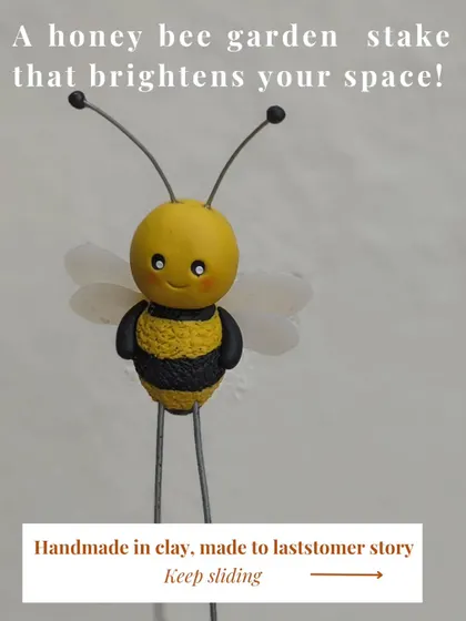 A honey bee garden stake that brightens your space. Each one is made to last, bringing a cheerful vibe to your balcony or indoor pots.
