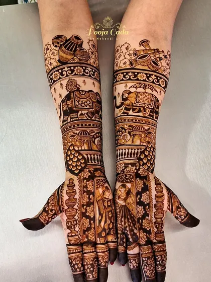 A beautiful bridal design featuring traditional figures, intricate floral patterns, and a band of royal elephants.