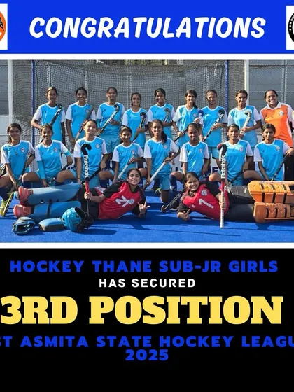 An official announcement graphic celebrating our Hockey Thane Sub-Junior Girls team for securing 3rd position in the 1st Asmita State Hockey League. We are incredibly proud of their achievement.