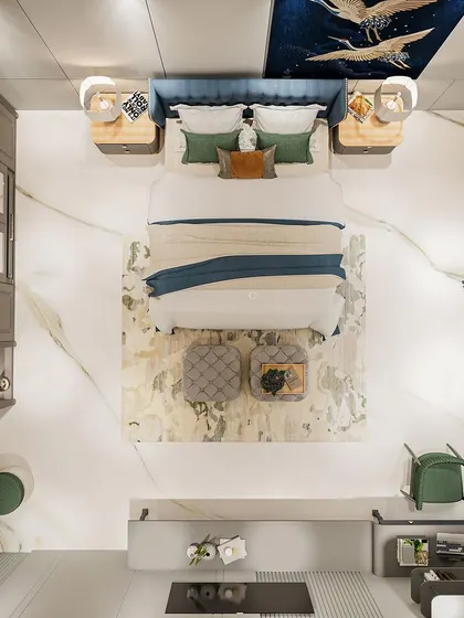 A layout view from above, showing the spaciousness of the room and the well-planned furniture arrangement.