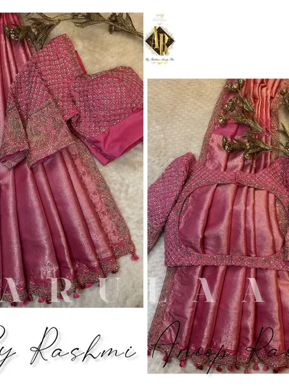 A beautiful pink blouse with a fully embroidered yoke and sleeves. The saree itself has a pleated texture, and the blouse design complements it perfectly.