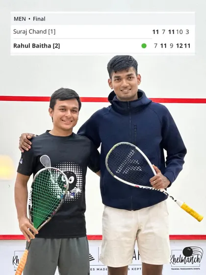 The final score of the men's final, with Rahul Baitha making a resilient comeback to win the title. A fantastic display of high-level squash.