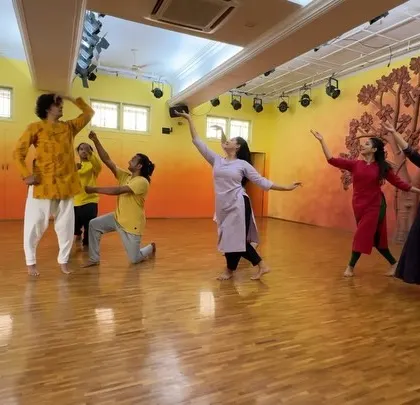 A dynamic moment during our 'Goverdhan Leela' rehearsal. We use the entire studio space to practice the formations and interactions that will be performed on stage.