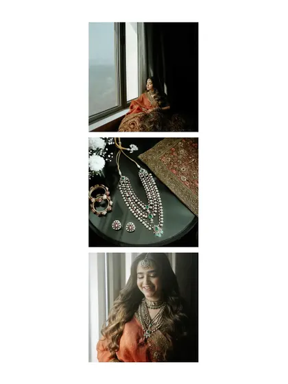 A collage of bridal details, including portraits and close-ups of her stunning jewelry. It's a beautiful summary of her wedding day look.