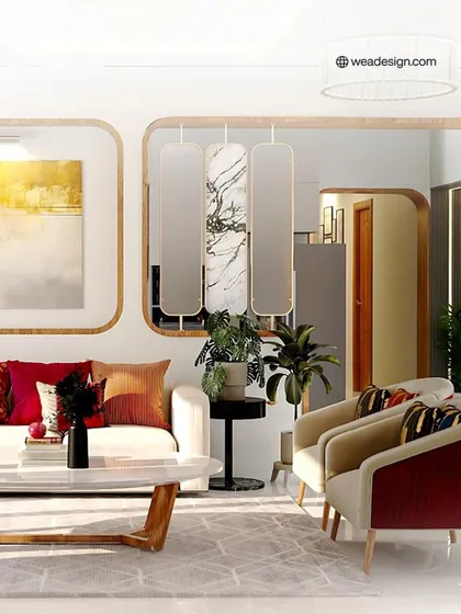 Another example of quiet luxury, this living space features rounded forms, a marble coffee table, and a mix of plush textiles.