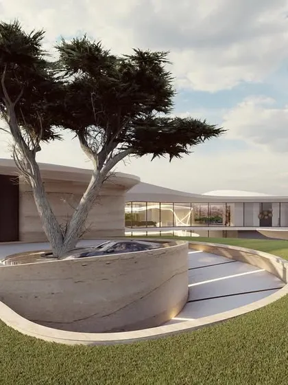 A concept for a sprawling, single-level residence where the architecture blends into the landscape. A curved, earthen berm holding a mature tree becomes an integral part of the home's design, blurring the line between building and nature.