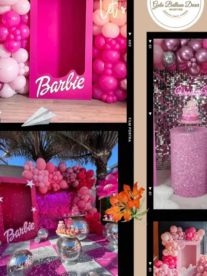 A collage showcasing different elements of a glamorous Barbie party, including a life-sized Barbie box photo booth.