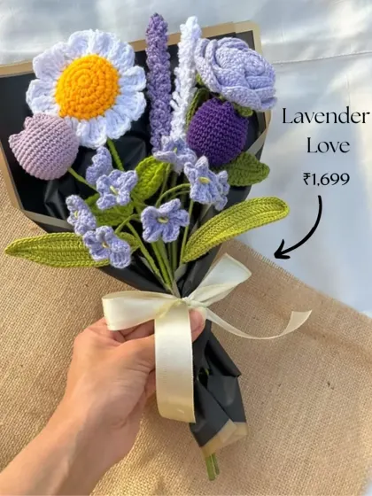 The "Lavender Love" bouquet is a beautiful mix of textures and shades of purple. It combines daisies, roses, tulips, and lavender for a truly unique floral gift.