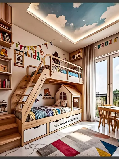 I love creating fun and functional spaces for kids. This custom bunk bed features a playful house-themed lower bunk, built-in drawers for toy storage, and safe, wide stairs, all crafted from light wood for a bright and cheerful feel.