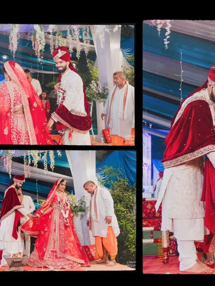 The couple taking their sacred vows around the fire during the Pheras, a central ritual in their Hindu wedding ceremony.