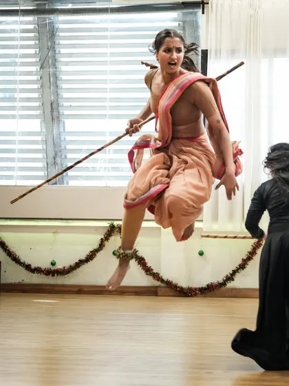 An athletic leap captured during 'Sitayana' rehearsals. My choreography often includes dynamic and physically demanding movements.