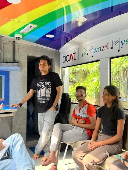 Our Kalakaar fellows explore the Music Bus, a mobile studio where they will soon record their own songs. This facility provides them with invaluable industry-level experience.