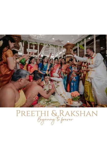 From the beginning to forever. A wide shot capturing the beautiful chaos and joy of the wedding rituals, with the couple at the center of it all.
