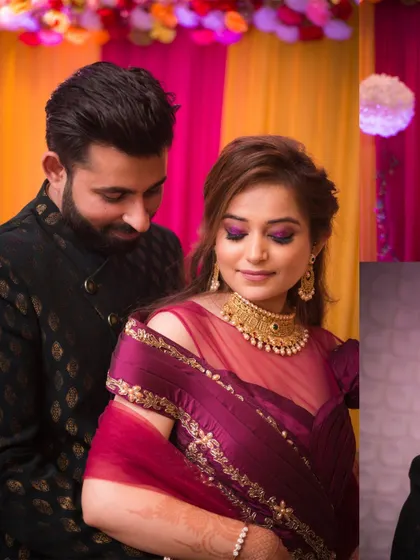 A tender moment between the couple at their engagement party. His gentle gaze as she looks down shows a quiet, deep affection.