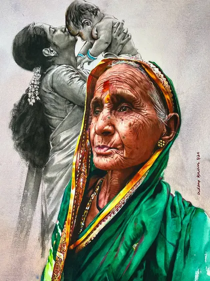This composite watercolor painting tells a story of motherhood across generations. The detailed color portrait of the grandmother is juxtaposed with a monochrome memory of her as a young mother.