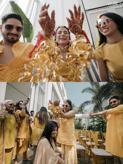 The fun of the Chooda and Kalire ceremony, captured with wide-angle shots to include all the participants and their joyful expressions.